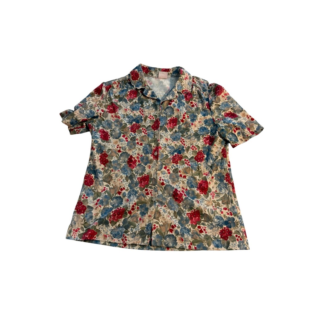 Graff Californiawear Blouse Vintage Floral Blue Red Scalloped Collar